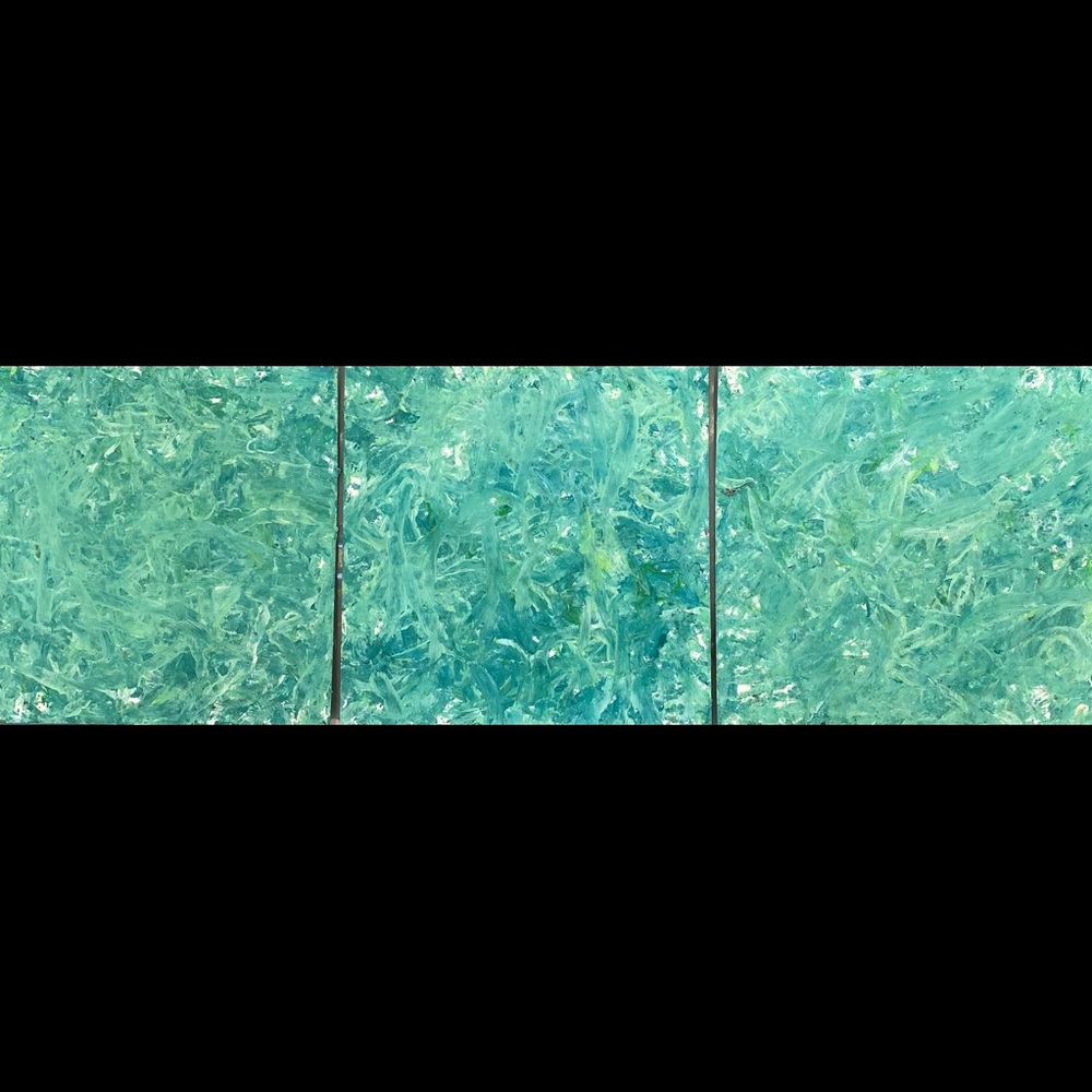 Green Tri Panel. Framed.  Active Expressionist Painting by Jean Cherouny.